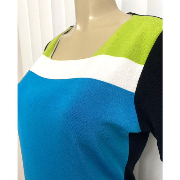 Exclusively Misook Dress Black Blue Color block Shift Short Sleeve Round Neck L - Picture 5 of 7